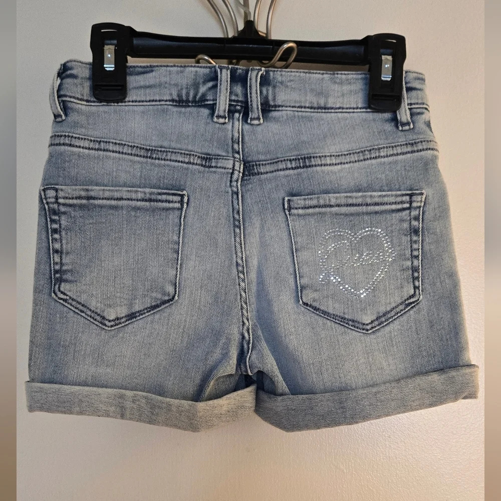 GUESS Girls' Big Rhinestone Logo Stretch Denim Shorts - Picture 6 of 10